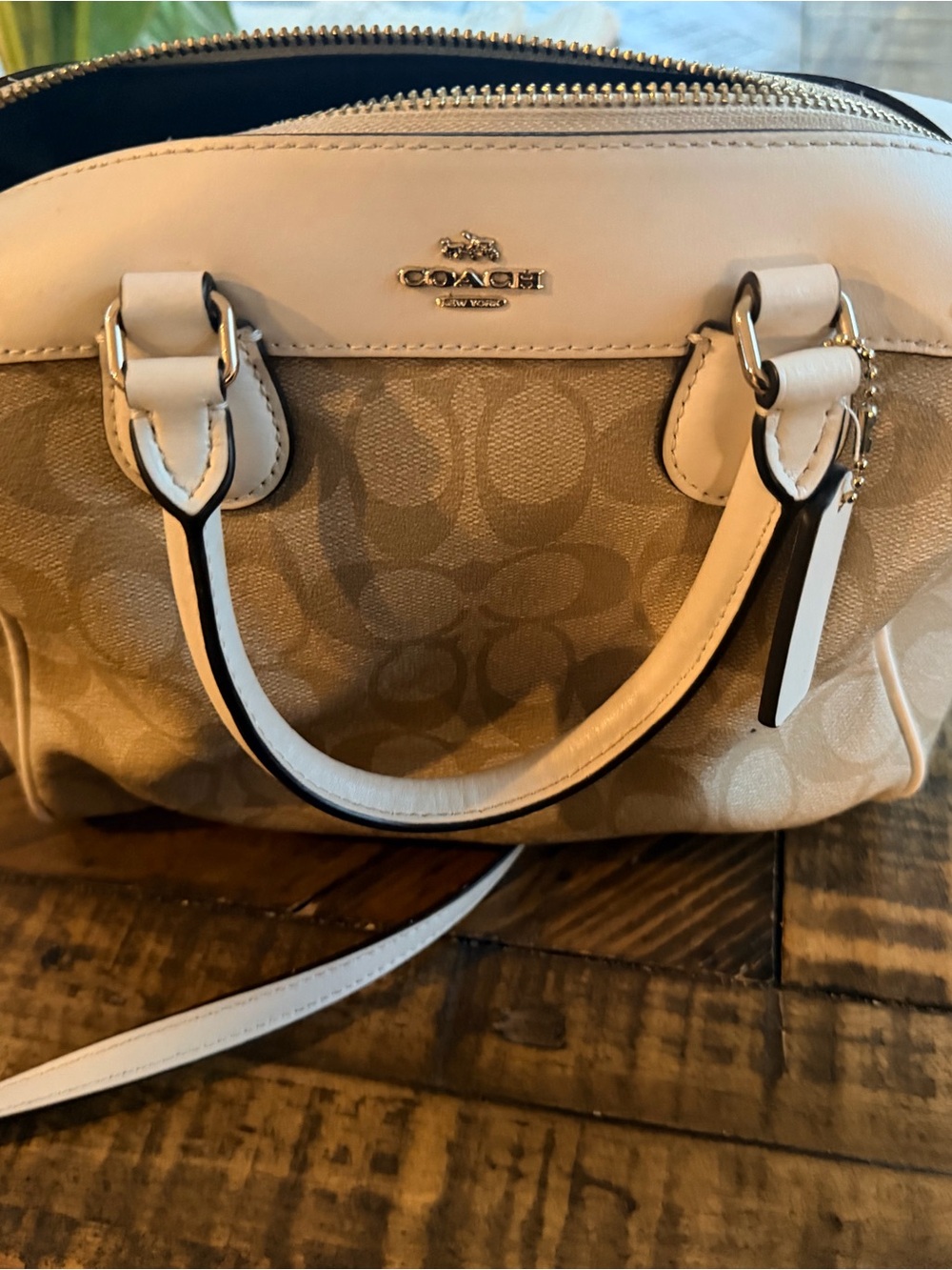 Coach Signature Canvas Satchel in Beige and White Leather Trim